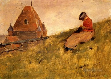 Theodore Robinson Painting - On the Cliff A Girl Sewing Theodore Robinson